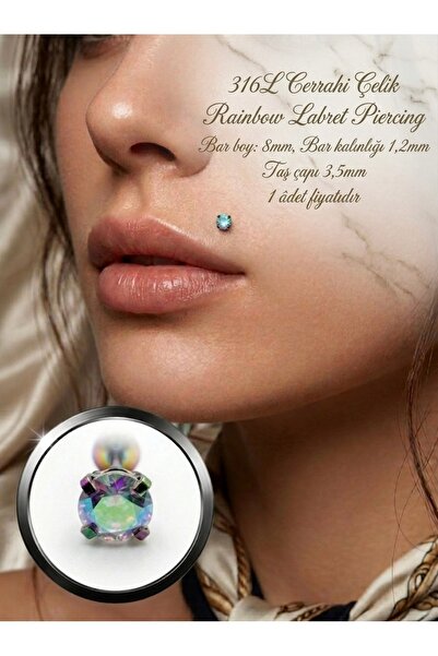 Bylin 316 L Cerrahi Çelik Rainbow Zirkon Taşlı Kulak, Dudak Labret Piercing T...