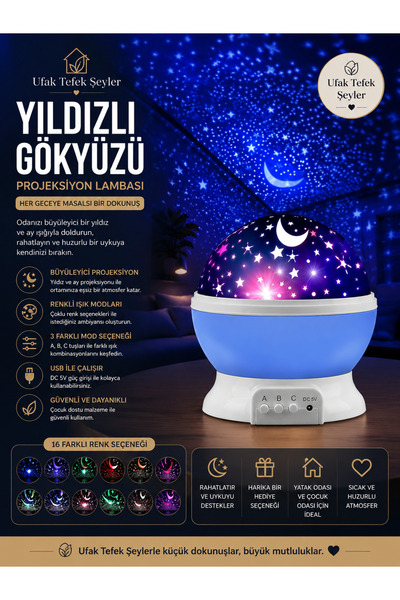 Ufak Tefek Şeyler Yıldızlı Gökyüzü Projeksiyon Lambası Renk Modlu Gece Lambas...