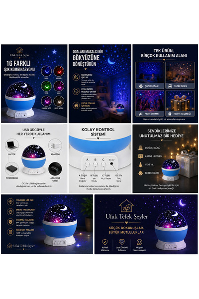Ufak Tefek Şeyler Starry Sky Projection Lamp Color Mode Night Light Children's Room Sleeping Lamp