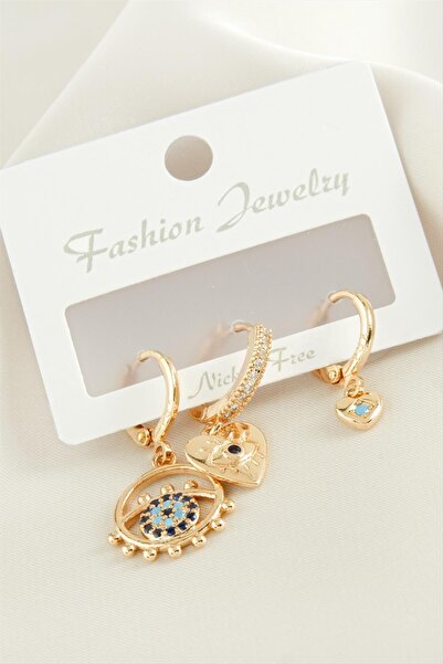 ZERO LAND Svl-Shop 3 Pieces Heart Evil Eye Zircon (235909) Stone Earrings-Yellow