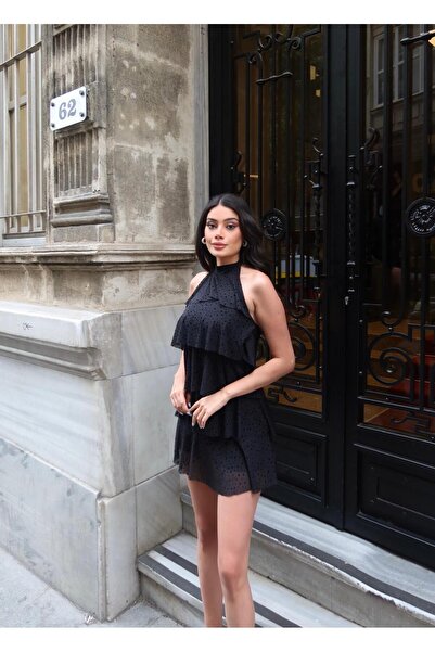 timagna Rochie mini din șifon, cu guler halter și șnur la gât, pentru femei