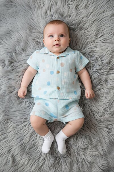 Exer Saucer Toddlers Boy 2 Pieces Polka Dot Casual Shirt And Shorts Set, Blue