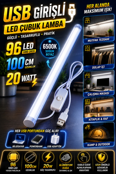 nelerbulurum USB Girişli 100 Cm 20 Watt 96 Led Çubuk Led Lamba Soğuk Beyaz Do...