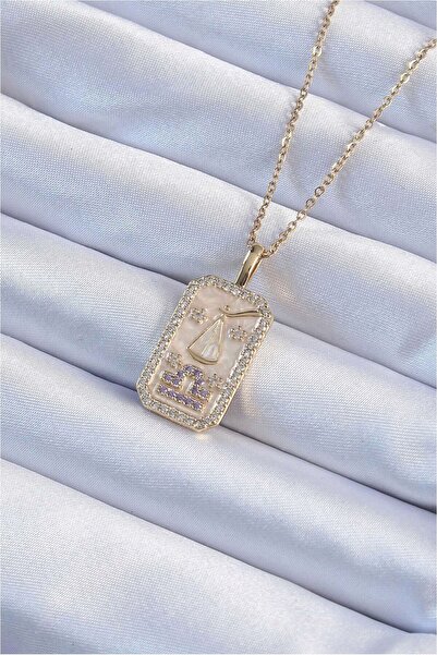 Butik 316L Çelik Zincir Altın Renk Lila Zirkon Taşlı Tarot Kolye