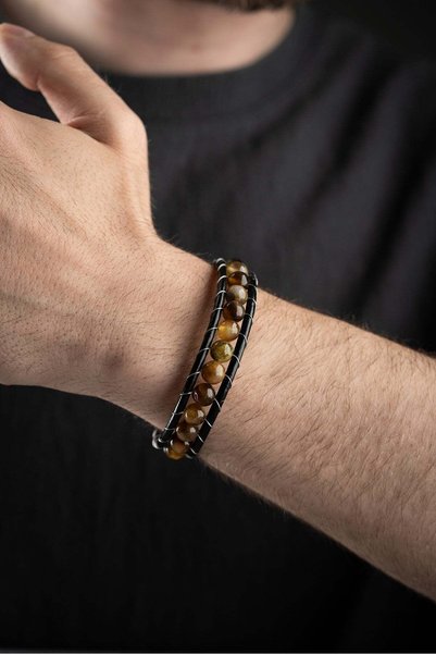 Nereze Chrome Plated 6 mm Ceyd Natural Stone Men's Leather Bracelet