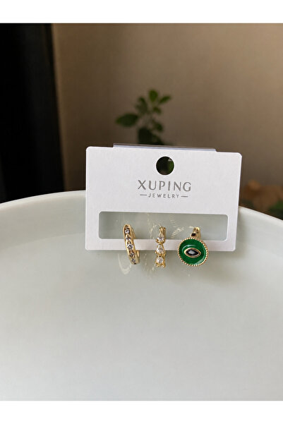 Anetta Jewelry Kadın altın renk xuping Üçlü zirkon taşlı yeşil göz küpe seti
