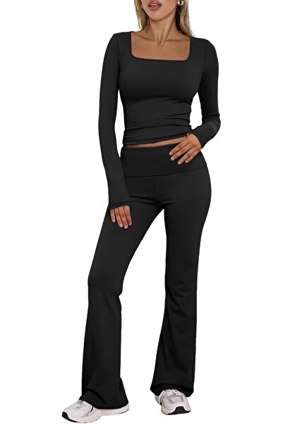 Arabest Women's 2-Piece Lounge Set,Long Sleeve Square Neck Crop Top,Flare Pan...