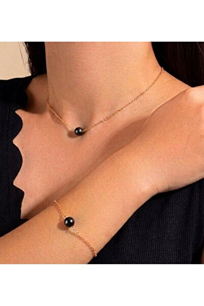 Shiklik 2-Piece Women's Black Pearl Necklace and Bracelet Jewelry Set - Non-F...
