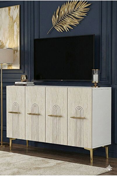 cnyr KA1215BTG İDA KONSOL, ve TV SEHPASI BEYAZ-TRAVERTEN-GOLD 120CM