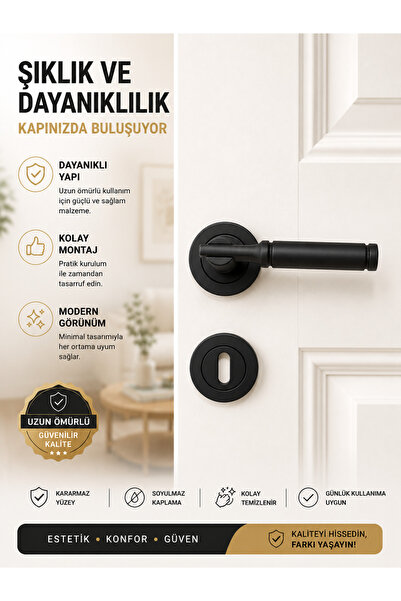 kapa Mat Siyah Vintage Kapı Kolu Seti – Yuvarlak Rozetli Oda Kapı Kolu, Moder...