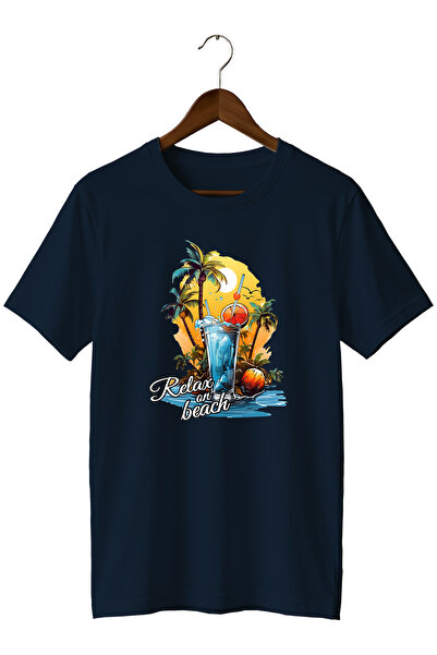 WİDİ Unisex Summer Themed Beach Printed Crew Neck Casual Cotton T-Shirt