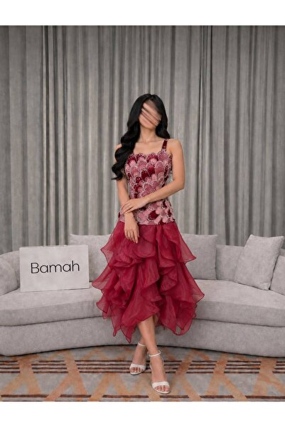 Bamah Red Midi Dress for Mature Women Luxurious