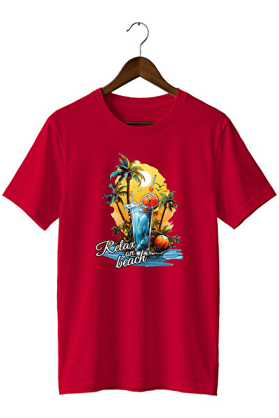 WİDİ Unisex Summer Themed Beach Printed Crew Neck Casual Cotton T-Shirt