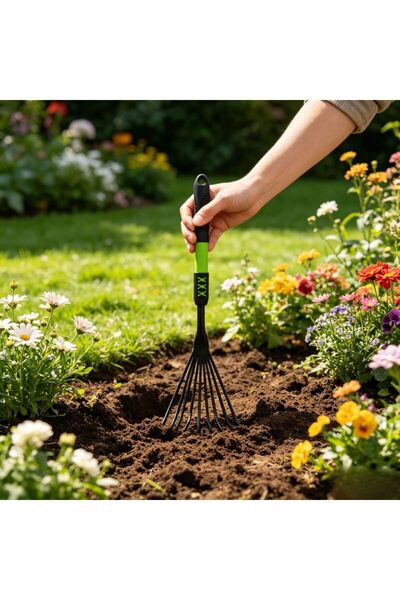 idei Greblă Mică de Grădină cu Nouă Dinți Metalici Subțiri, Mâner Ergonomic V...