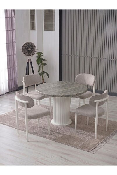 JoyMassa LİNA BOHEM 90x90 BEYAZ YUVARLAK MASA & 4 POLO SANDALYE SETİ