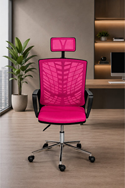 TRENDCORE Fileli Çalışma Koltuğu -Ergonomik Ofis Sandalyesi- Pembe Sekreter Ç...