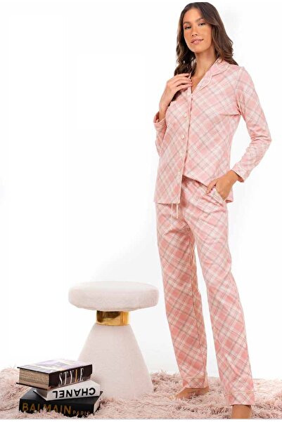 MARA-M LoungeWear Κουμπωτή Βαμβακερή Πιτζάμα “Rosy Satin Check”