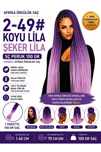 SÇ PERUK African Braiding Hair Ombreli 2-49 #   Dark Lila/Candy Lila 100 Gr K...