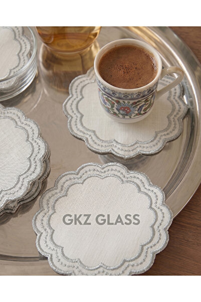 gkzglass home dekor 6 Adet Keten Kumaş Üzeri Nakışlı Kahve Yanı Kokteyl Peçet...