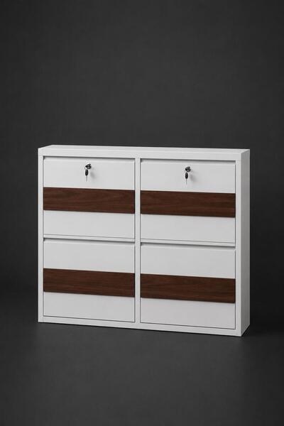 KARLI Home 2+2 Yatay Kilitli Beyaz (Ahşap Detaylı ) Metal Ayaklabılık