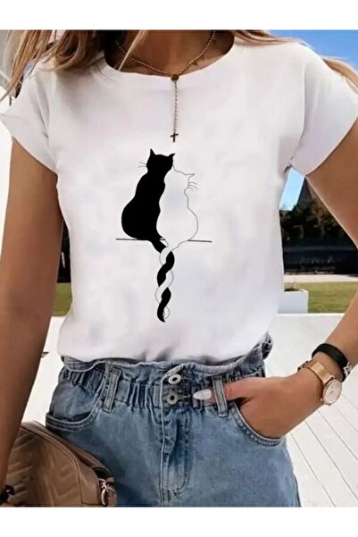 COZYWEAR Cute Double Cat Printed White T-Shirt