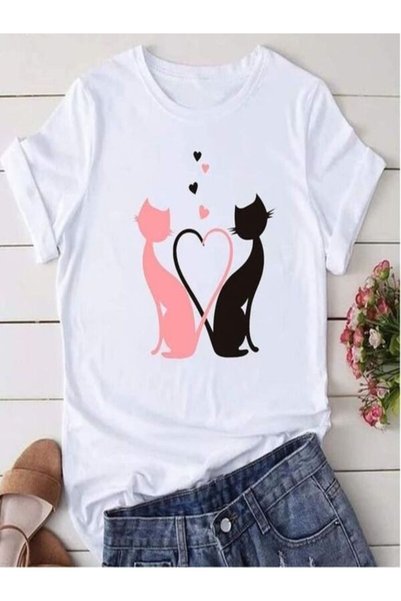 vorena Heart Patterned Cat Printed White T-Shirt
