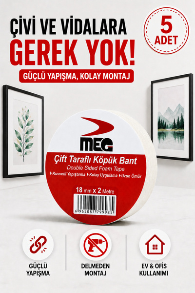 Alıç Çift Taraflı Köpük Bant 18 mm x 2 Metre Güçlü Yapışkanlı Çift Taraflı Mo...