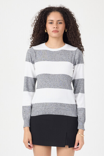 ENQUE Ženski prugasti pleteni džemper sa okruglim izrezom