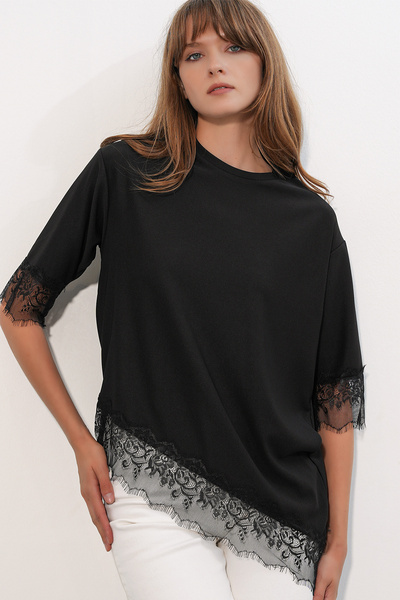 Bigdart Women's Lace Detailed Oversize Blouse 40002 - Black