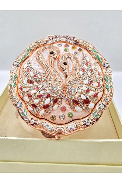 OXO TAKI VE AKSESUAR Premium Rose Gold Swan Model Taşlı Kompakt Çanta Aynası