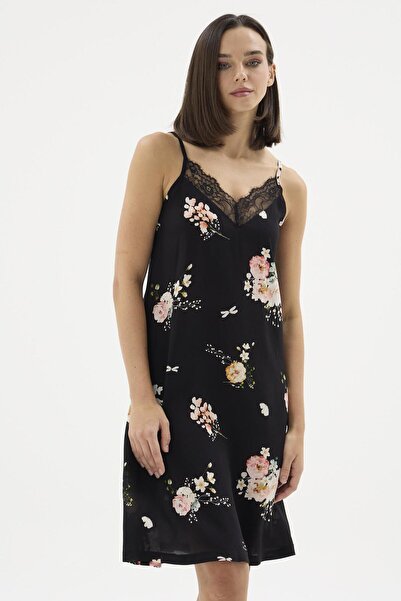 Sevim Women's Thin Strap Lace Floral Patterned Black Nightgown C9T6N671