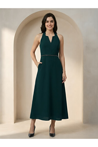 Mish By Styli Dark Green Halter Neck Maxi Dress with Beaded Waist