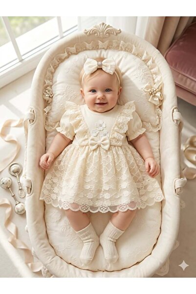 Bebila Baby Kız Bebek Mevlütlük Elbise Bandanalı Dantelli Yenidoğan Hastane Ç...