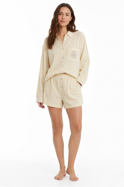 Tusebu Organic Cotton Ecru Shirt Collar Pocket Shorts Women's Pajama Set