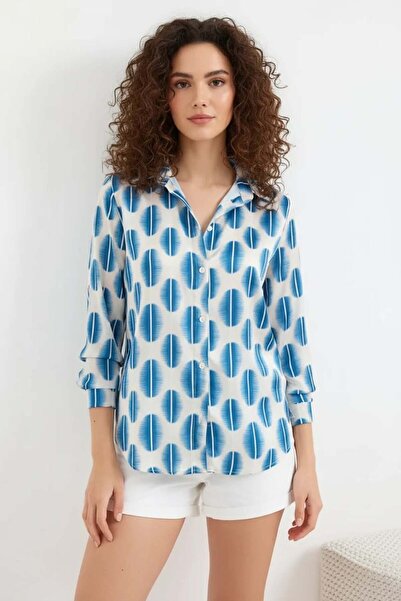 Generic Brand Women's Patterned Satin Blue Shirt