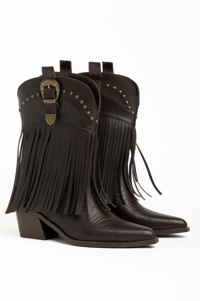 DENORA Bitter Brown Matte Leather Tasseled Buckle Western Cowboy Boots