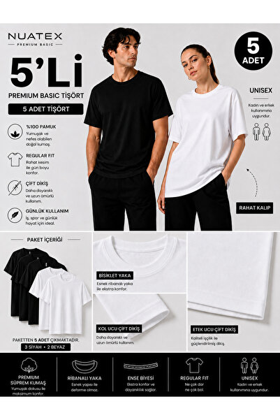 NUATEX Pachet de 5 tricouri unisex, negru și alb, Basic RegularFit, cu gât ro...