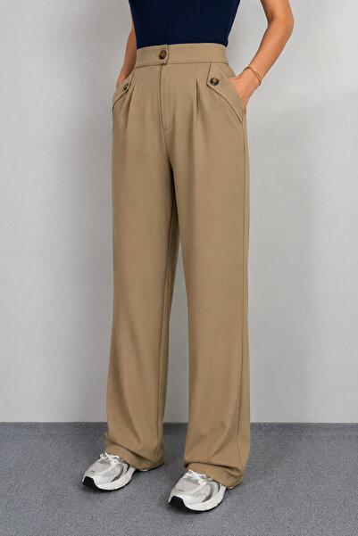 GİYİYORUM Modern Kadın Yüksek Bel Likralı Bol Paça Düğmeli Cep Detaylı Palazz...