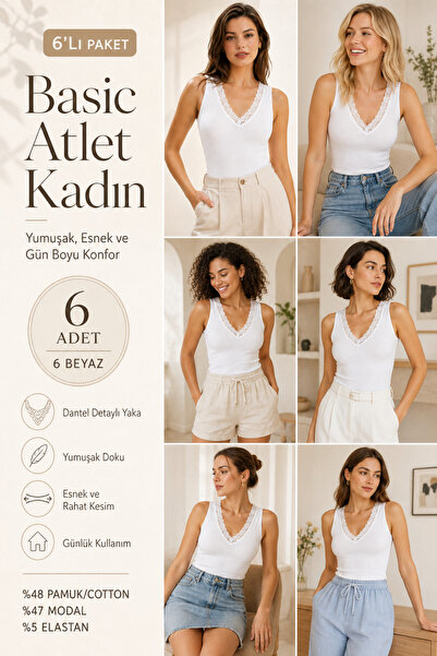 Loule Women's Cotton & Modal V-Neck Lace Detailed 6-Piece Undershirts - Flexi...