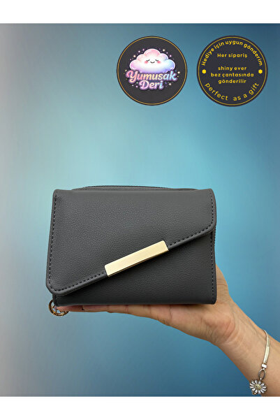 shiny ever Cross-Flap Gray Leather Women's Wallet with Gold Detail