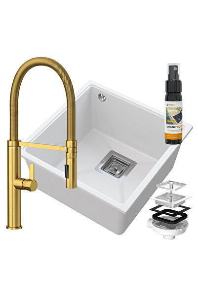 Granitan Set Chiuveta Granit NAPO 420, Negru Pete Aurii, Baterie Auriu Extens...