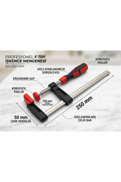EMİRHANNALBUR Profesyonel F Tipi İşkence Mengenesi 50x250 mm - Ergonomik Sapl...