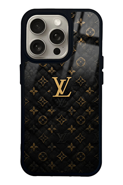 Spoyi iPhone 15 Pro Black Gold LV Tasarımlı Glossy Telefon Kılıfı