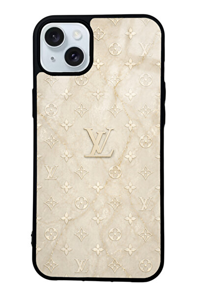 Spoyi iPhone 15 Plus Krem Gold LV Tasarımlı Glossy Telefon Kılıfı