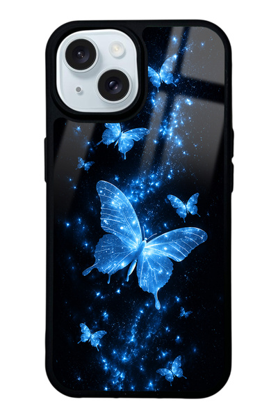 Spoyi iPhone 15 Blue Galaxy Butterfly Design Glossy Phone Case
