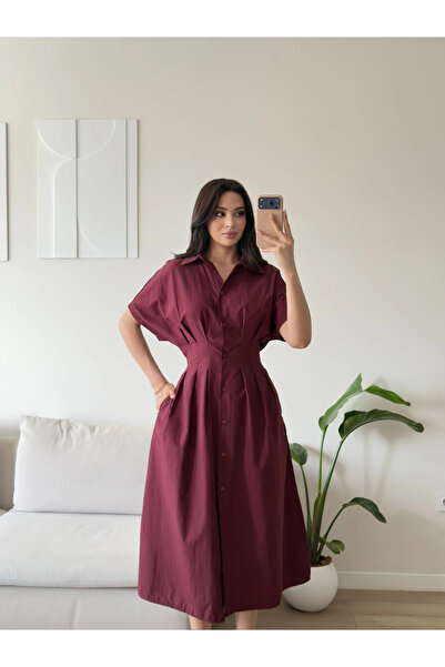 Zoom Butik Bel Korse Pileli Gömlek Elbise - BORDO