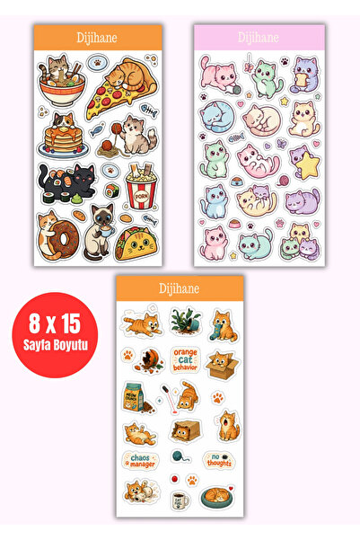 dijihane Cute Cats Sticker Set 3 Sheets (8X15 cm) – Kawaii Cat, Kitten, and P...