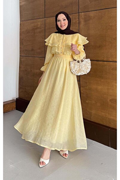 Rimel Moda Melan Fırfırlı Elbise Sarı