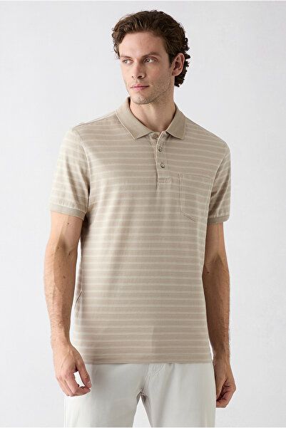 Kiğılı Regular Fit Buttoned Polo Collar Striped Pocket 100% Cotton T-Shirt