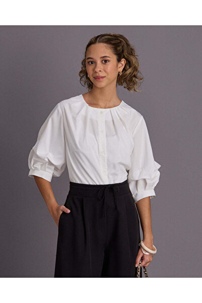 REDTAG Senior Girls White Sculpted Balloon-Sleeve Blouse